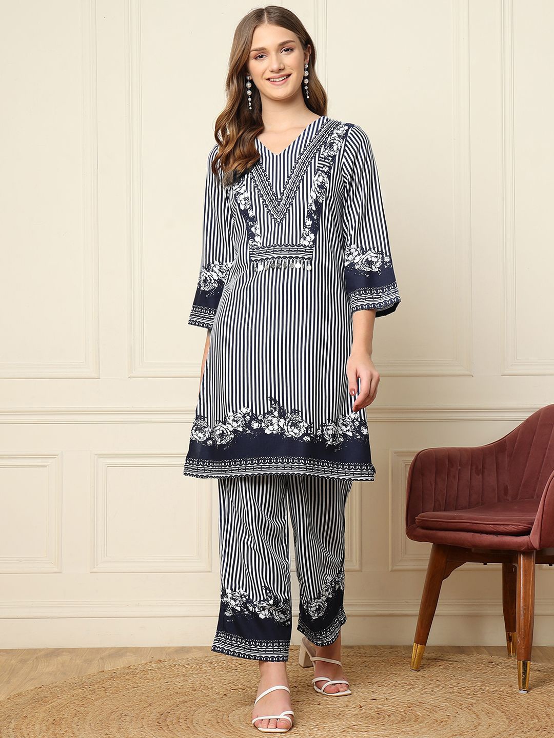 

DEEBACO Striped Tunic With Palazzos, Navy blue