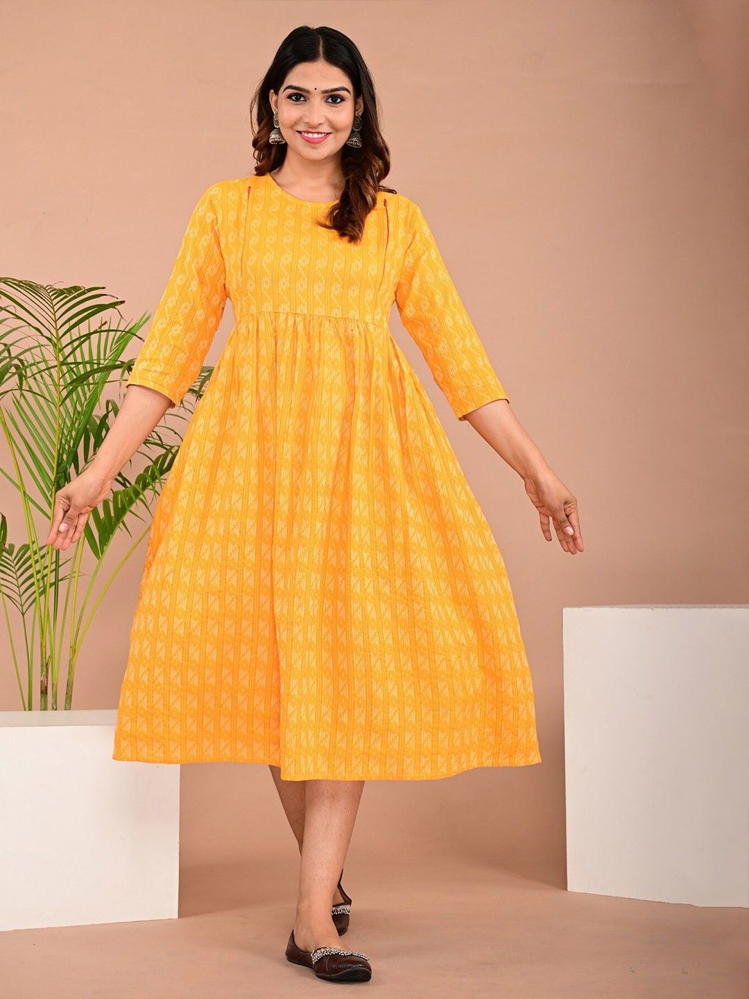 

Badrika Women Printed Maternity Fit & Flare Midi Dress, Mustard