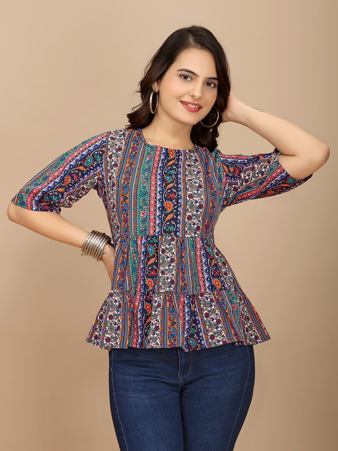 

BAESD Women Floral Printed Round Neck Top, Navy blue