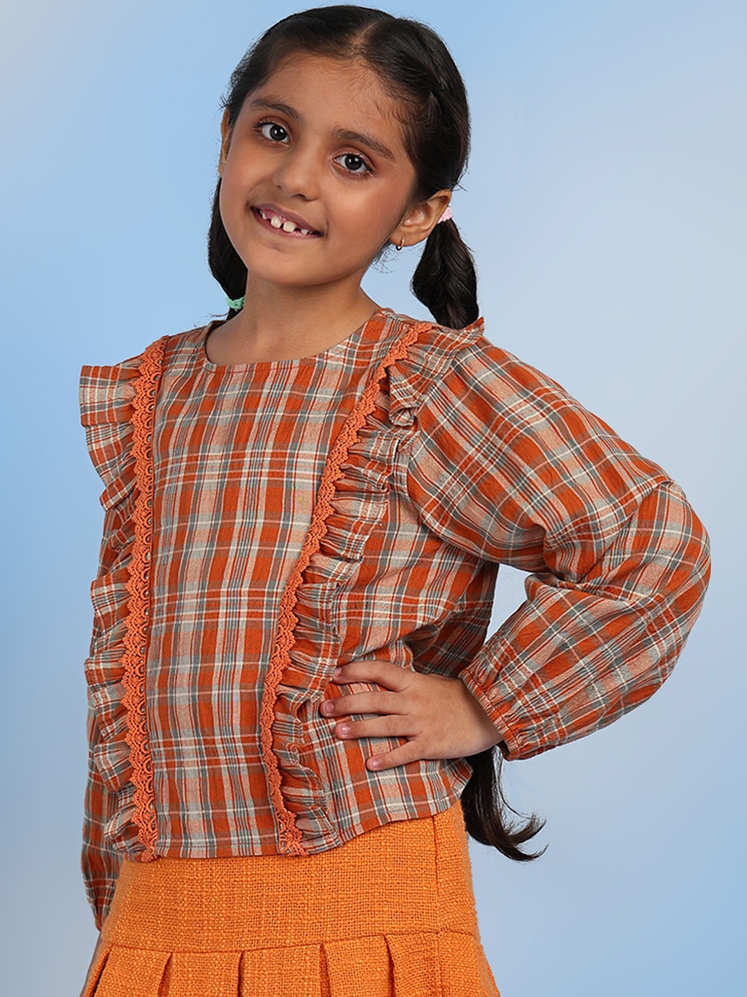 

The Tribe Kids Girls Checked Round Neck Cotton Top, Orange