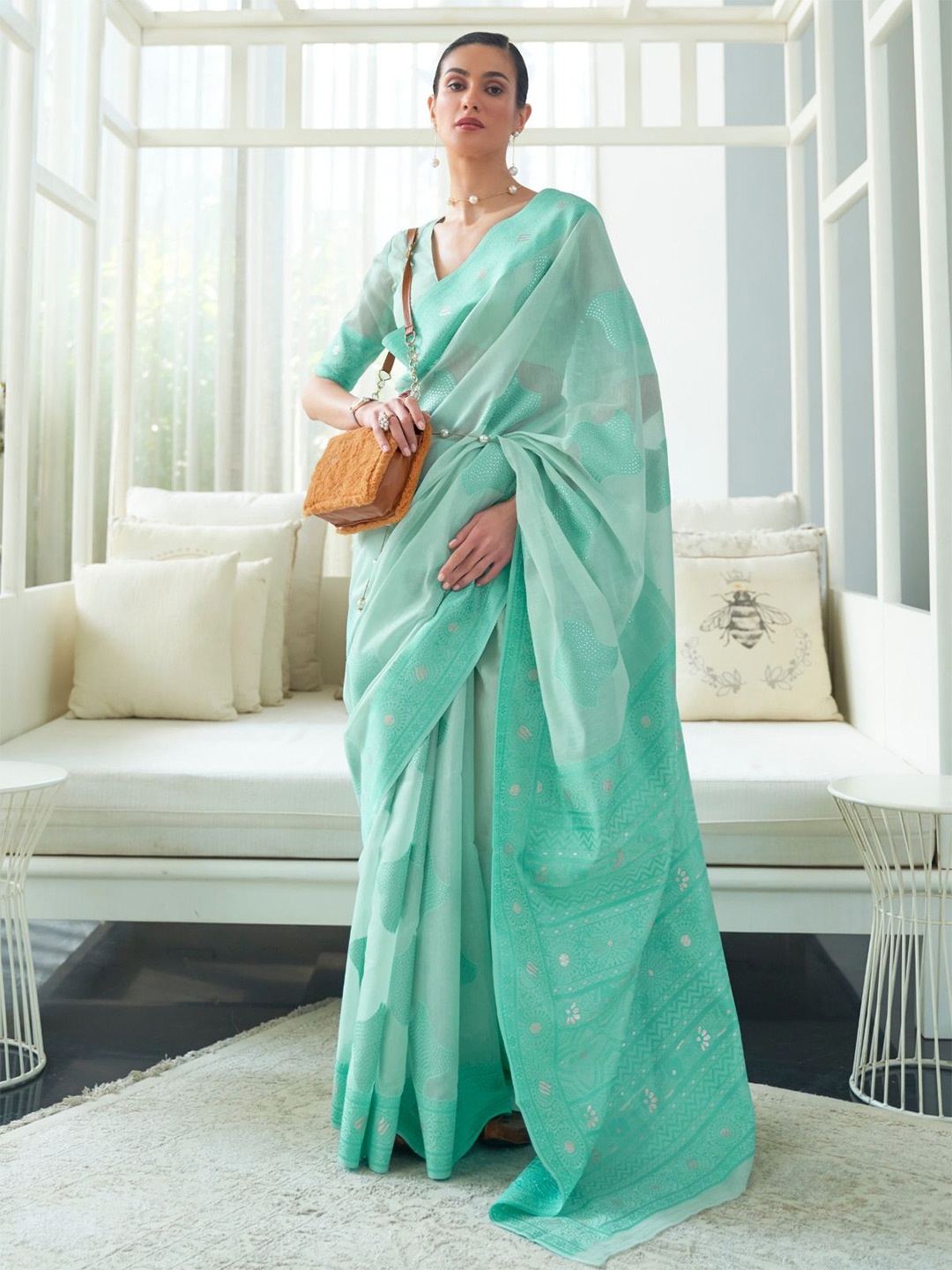 

ODETTE Woven Design Zari Saree, Sea green