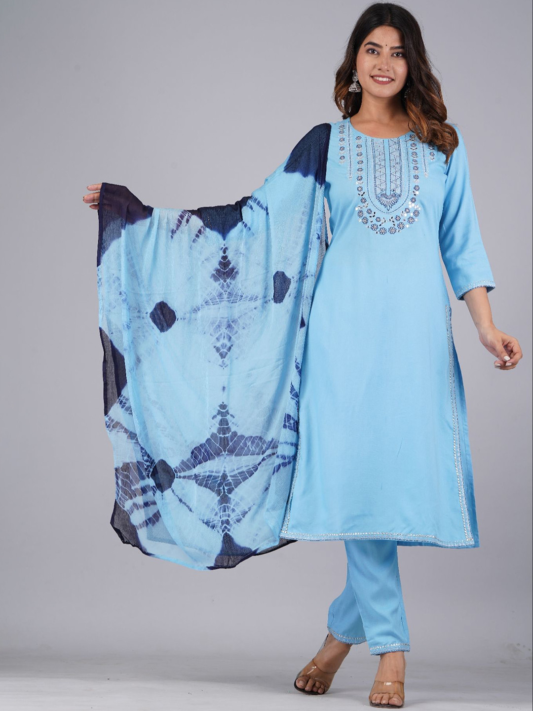 

KALINI Ethnic Motifs Embroidered Regular Straight Kurta with Trousers & Dupatta, Blue