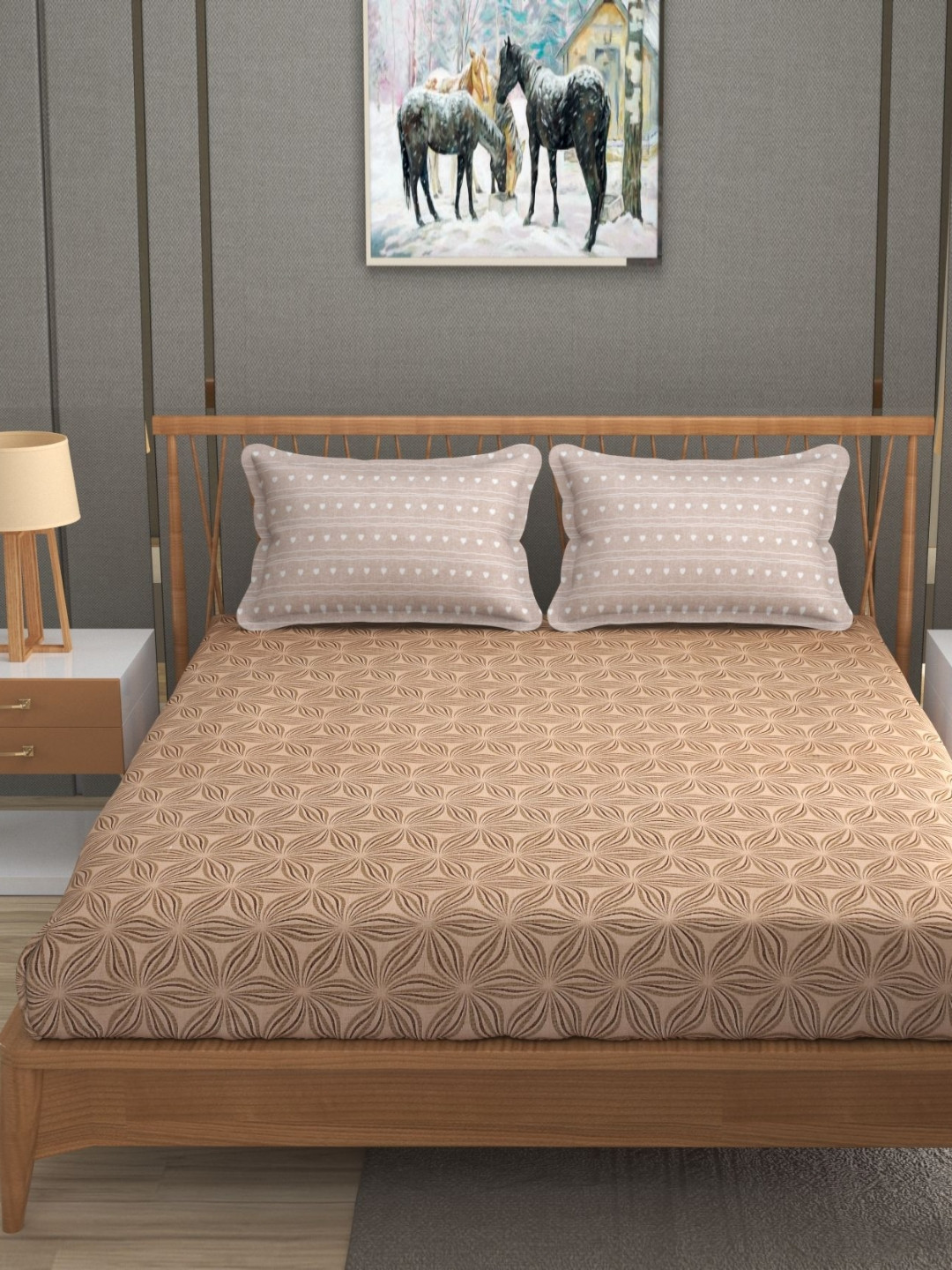 

NCS Camel Brown & Beige Floral 250 TC Super King Cotton Fitted Bedsheet & 2 Pillow Covers