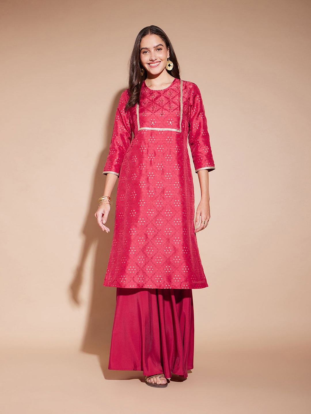 

Pink Fort Ethnic Motifs Printed Gotta Patti Jacquard Straight Kurta, Red