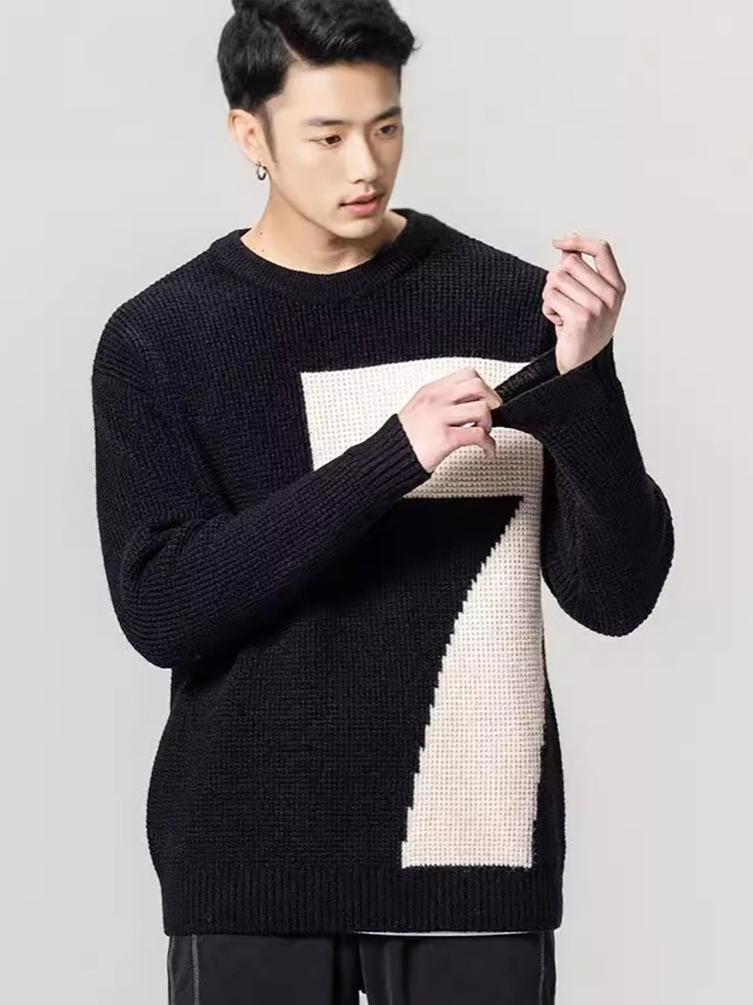 

StyleCast x Revolte Men Cable Knit Self Design Round Neck Pullover, Black