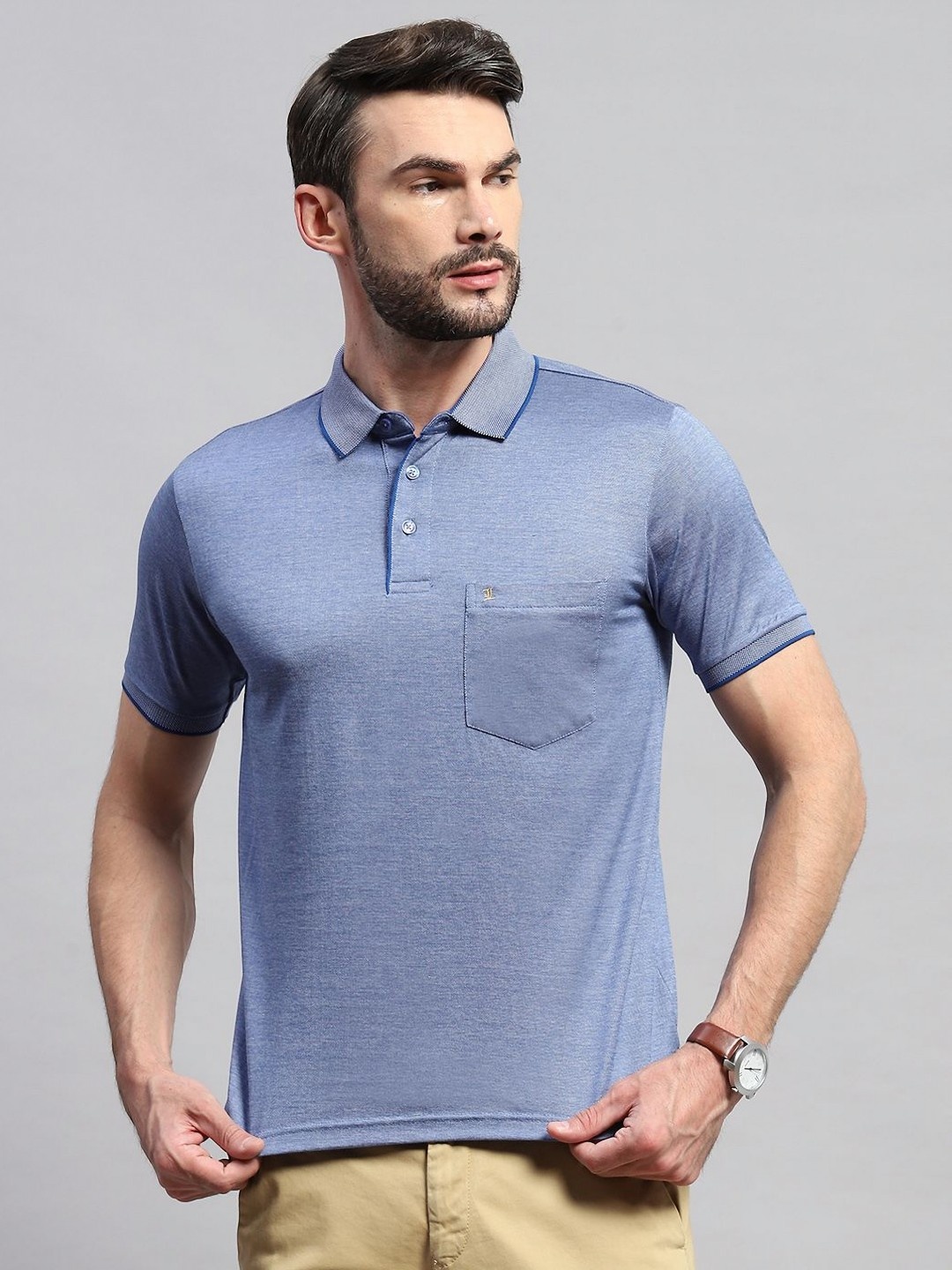 

Monte Carlo Men Solid Polo Collar Cotton T-shirt, Blue