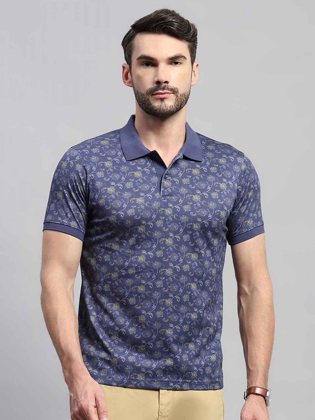 

Monte Carlo Men Floral Printed Polo Collar Cotton T-shirt, Blue