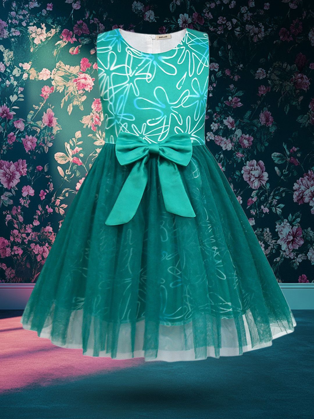 

INCLUD Girls Printed Fit & Flare Dress, Green