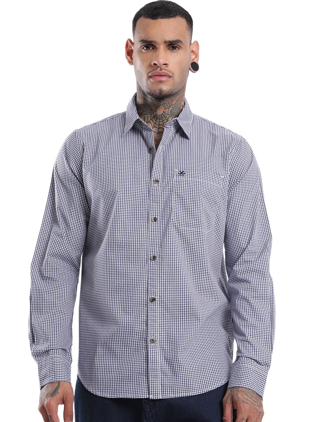 

WROGN Men Spread Collar Micro Checks Printed Cotton Casual Shirt, White