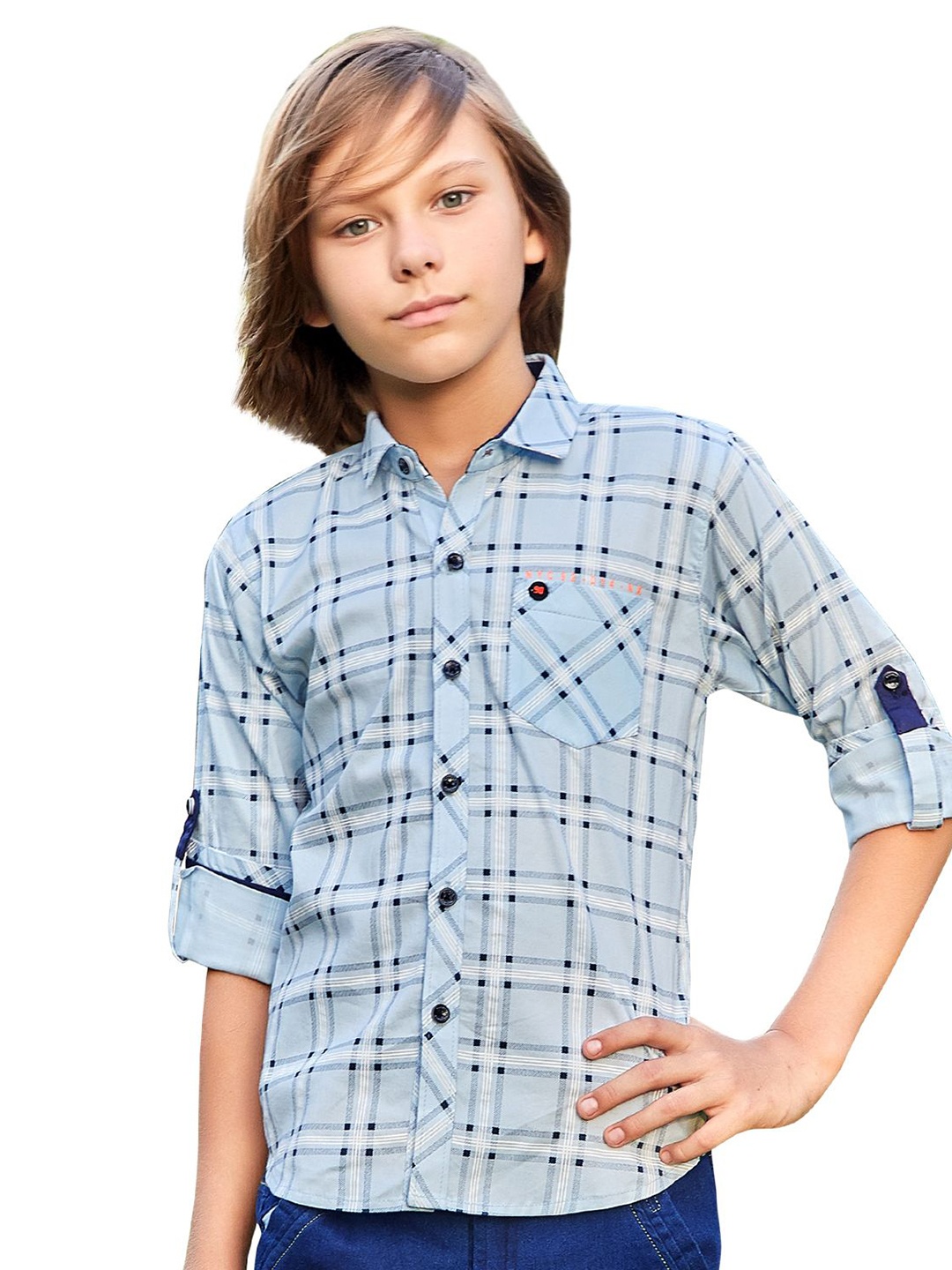 

MashUp Boys Classic Checked Opaque Casual Shirt With Printed T-shirt, Blue