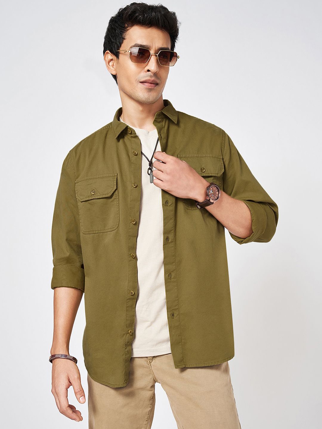 

Urban Ranger by pantaloons Men Original Spread Collar Solid Cotton Casual Shirt, Olive