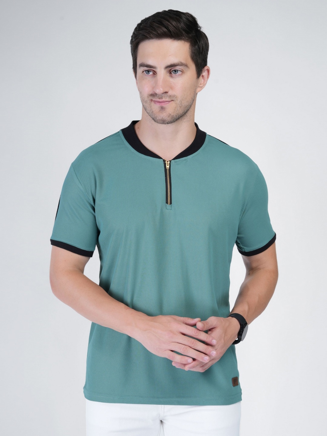 

Polo Plus Men Bio Finish Solid Mandarin Collar T-shirt, Teal