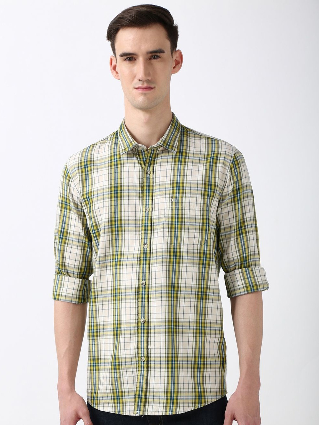 

Peter England Casuals Men Spread Collar Checked Cotton Slim Fit Casual Shirt, Cream