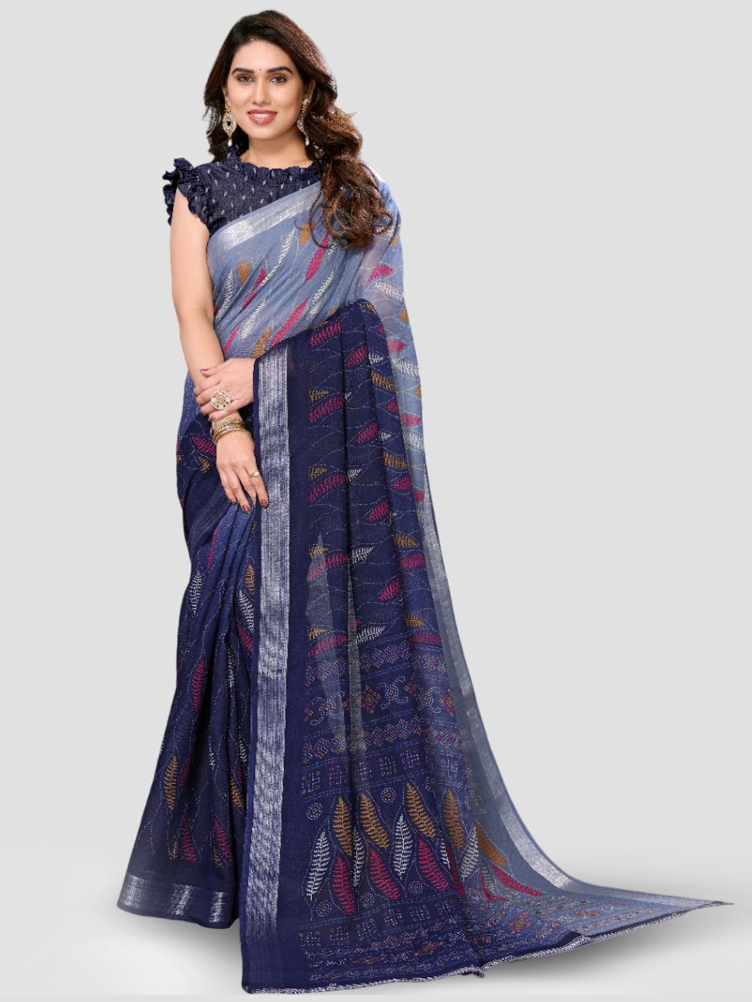 

saretramall Ethnic Motifs Zari Maheshwari Saree, Blue