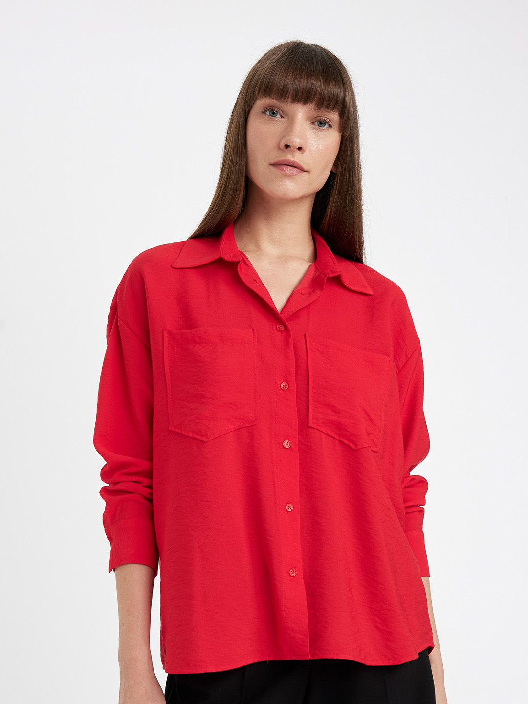

DeFacto Women Spread Collar Solid Oversized Casual Shirt, Red