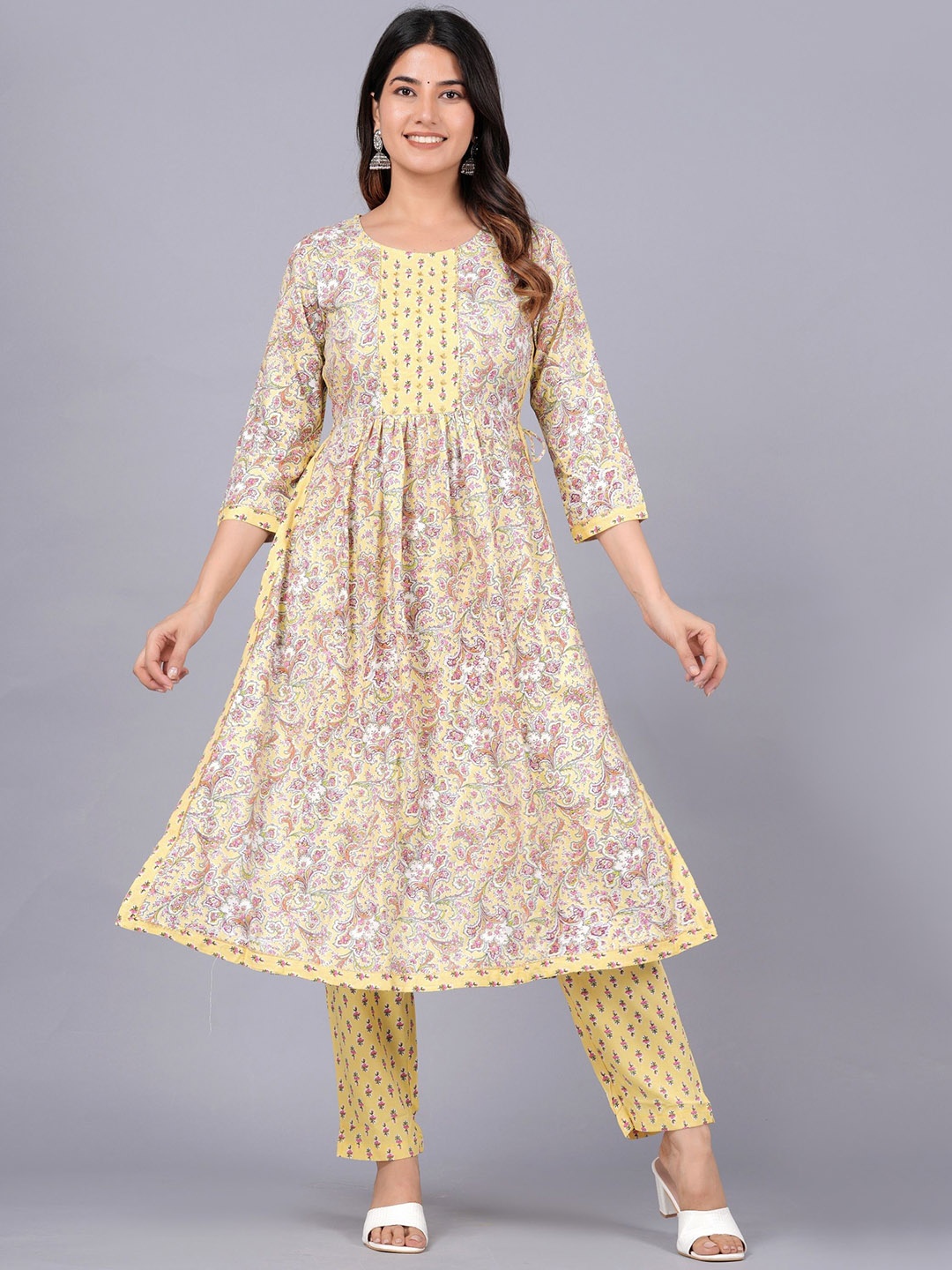 

KALINI Floral Printed Regular A-Line Kurta with Trousers, Yellow