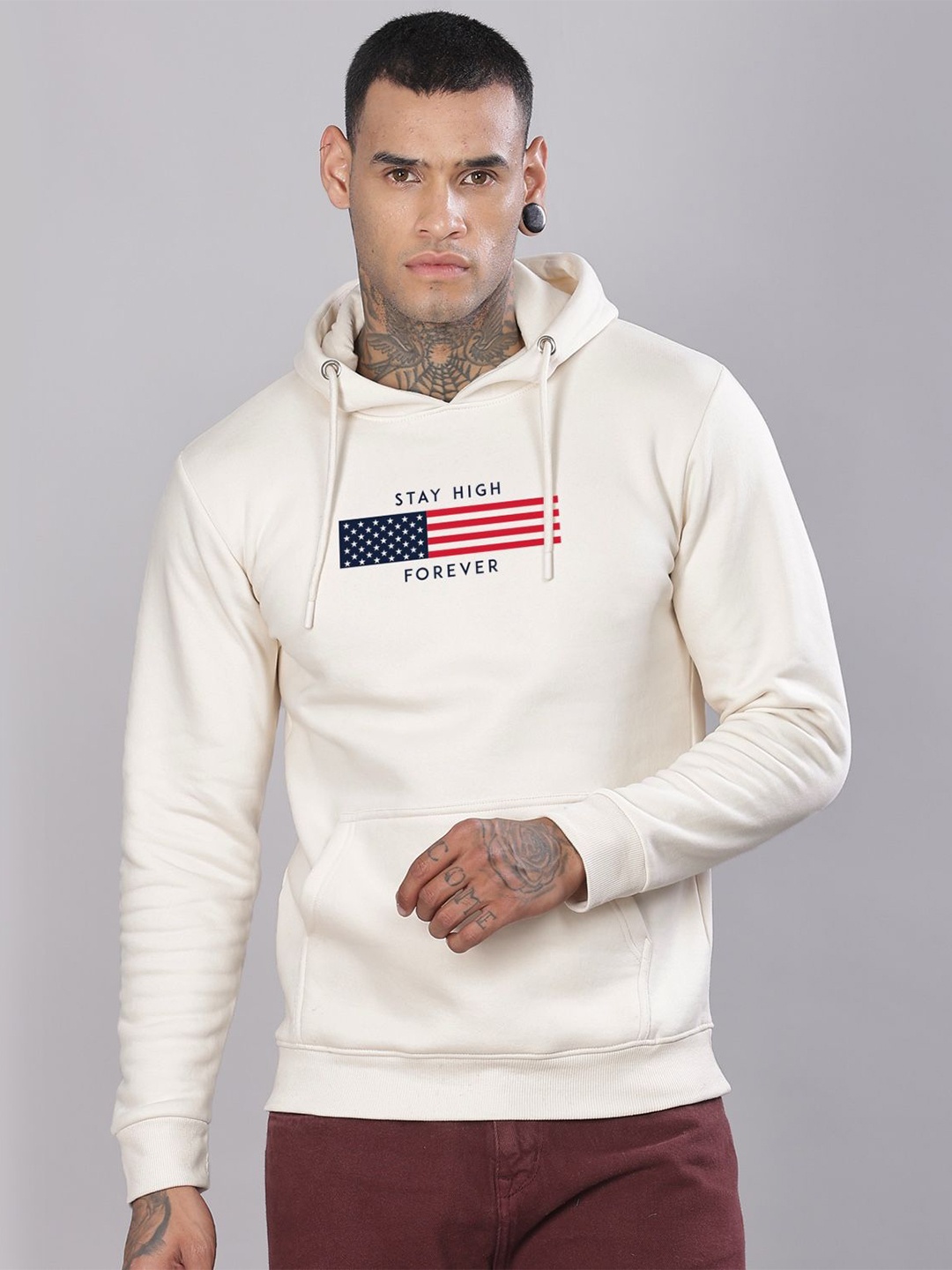 

ADRO Men Printed Hooded Pullover Sweatshirt, White