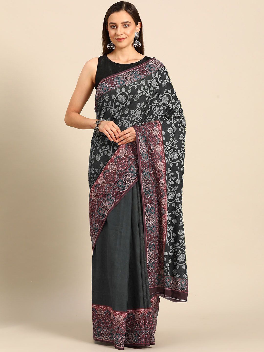 

BUTA BUTI Floral Pure Cotton Saree, Black