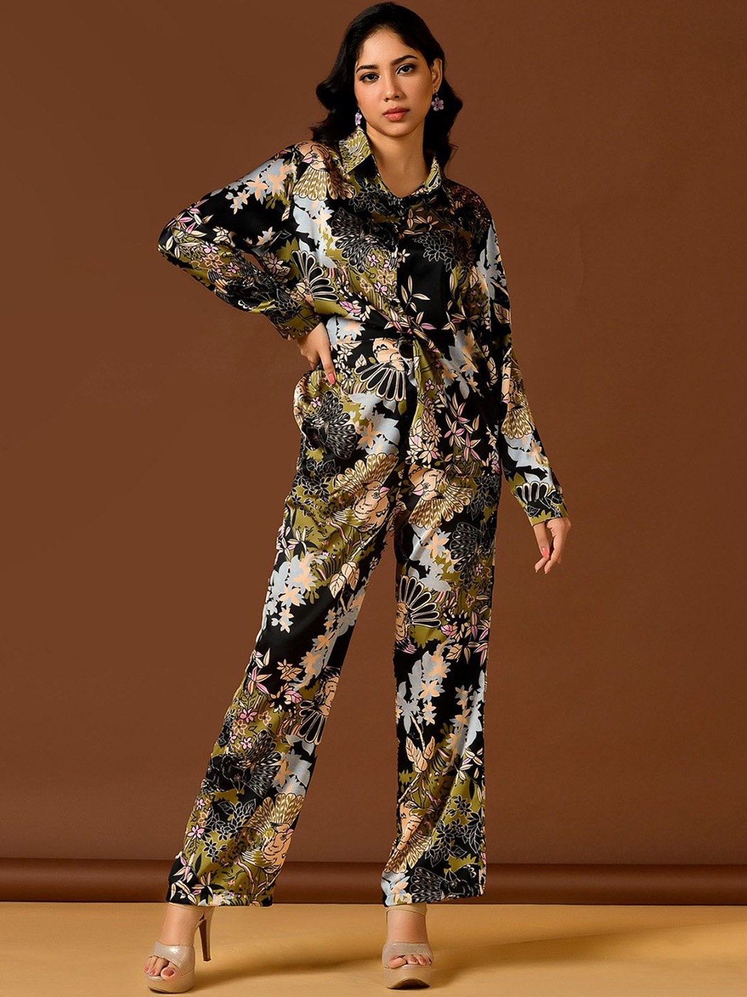

Unityshop Women Floral Printed Shirt & Trouser Co-Ords Sets, Black