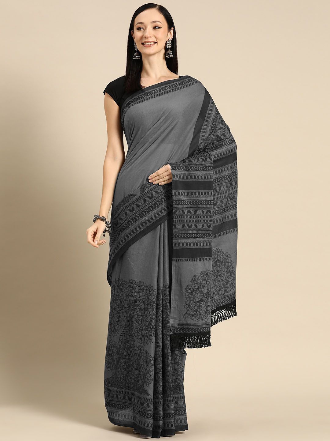 

BUTA BUTI Floral Printed Pure Cotton Saree, Black