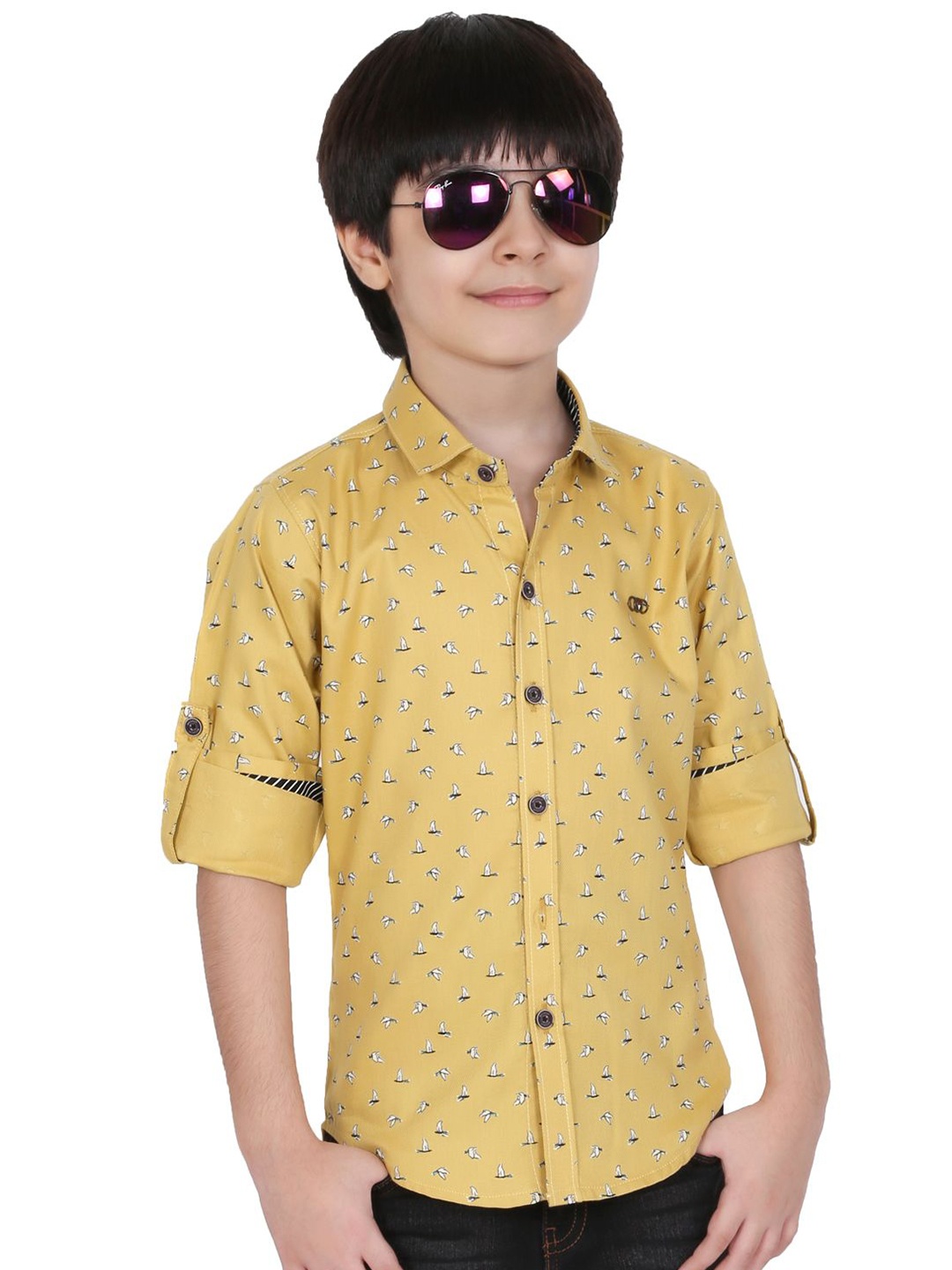 

MashUp Boys Classic Spread Collar Conversational Printed Cotton Casual Shirt, Yellow