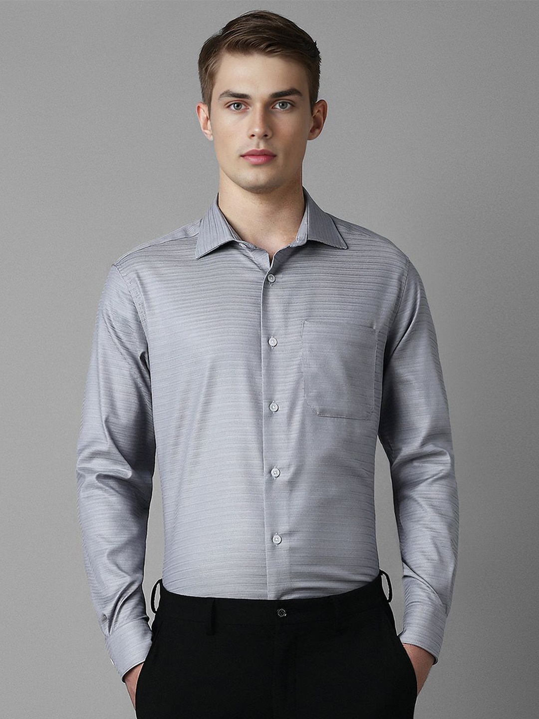 

Louis Philippe Men Classic Spread Collar Solid Cotton Formal Shirt, Grey