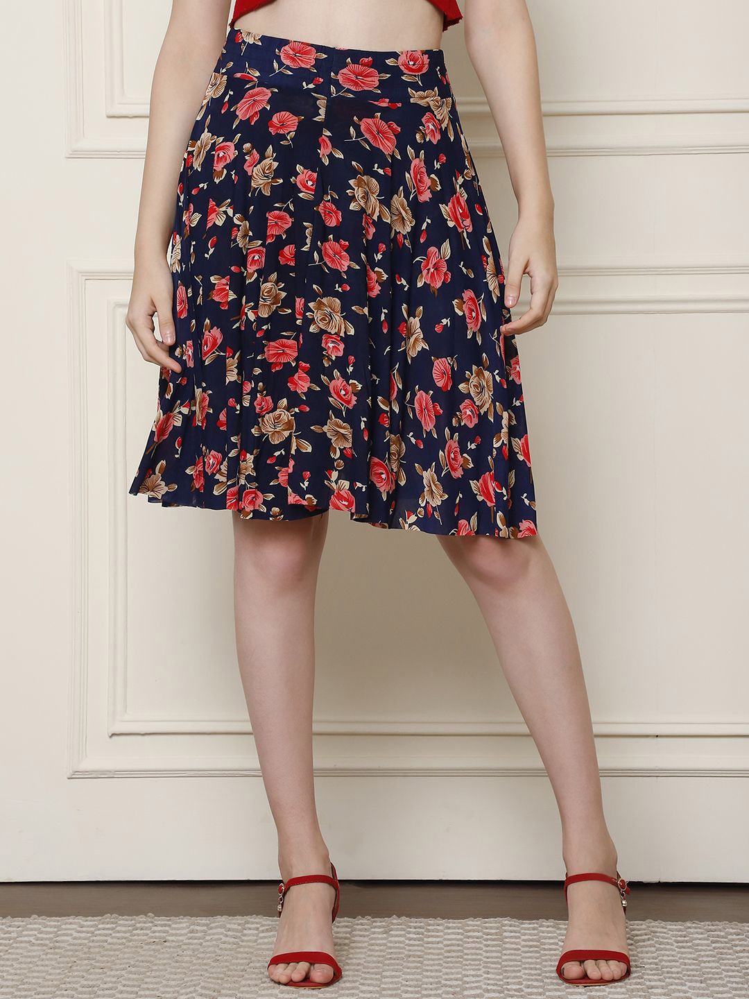 

GRACIT Women Floral Printed Flared Knee-Length Skirts, Blue