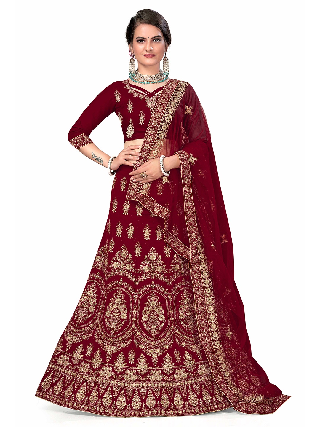 

Maroosh Embellished Thread Work Unstitched Lehenga & Blouse With Dupatta, Maroon