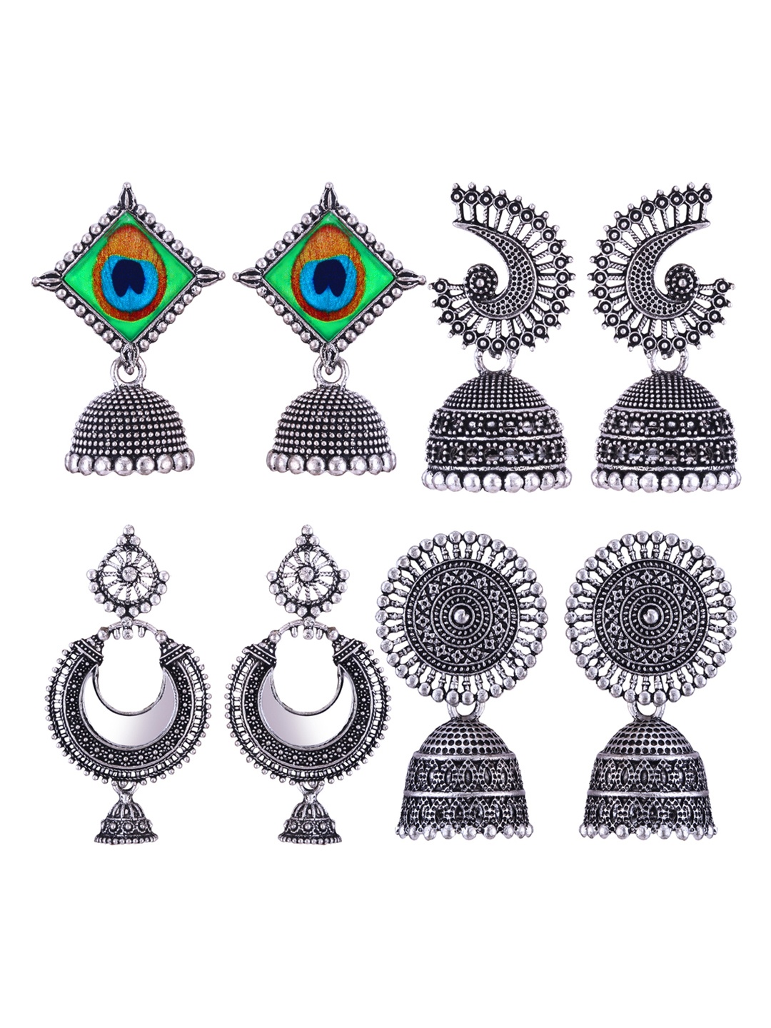 

DIVASTRI Set Of 4 Silver Plated Dome Shaped Oxidised Jhumkas