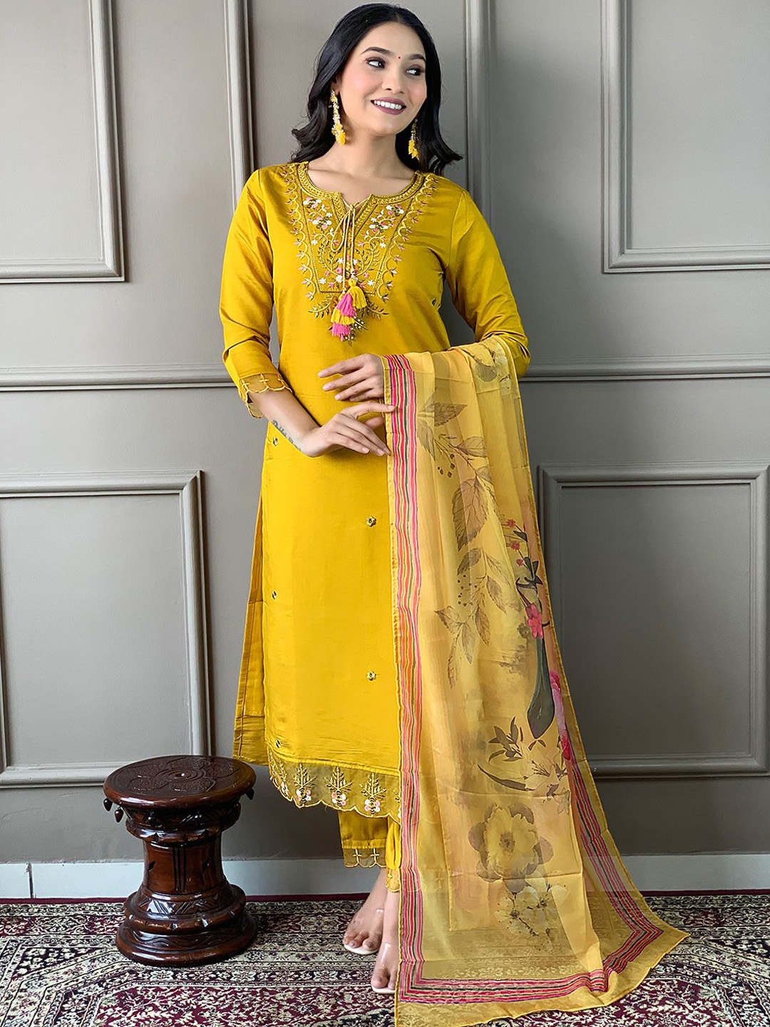 

KALINI Floral Embroidered Sequinned Chanderi Cotton Straight Kurta With Trousers & Dupatta, Mustard