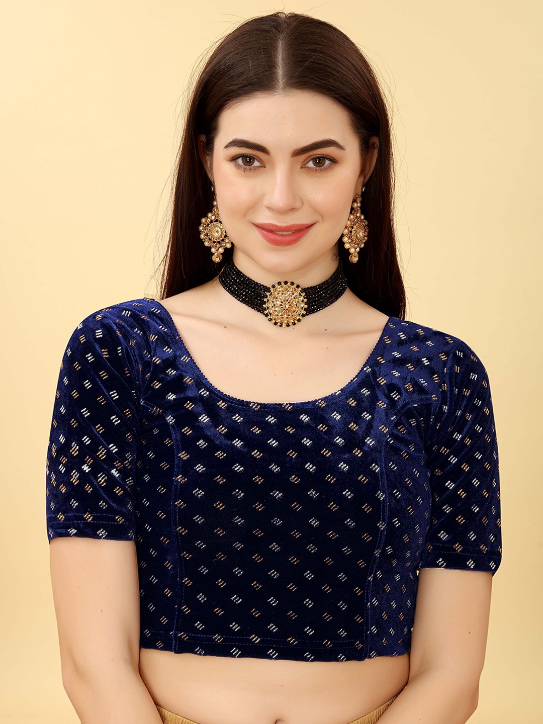 

Krimmple Self-Design Embellished Non-Padded Saree Blouse, Navy blue