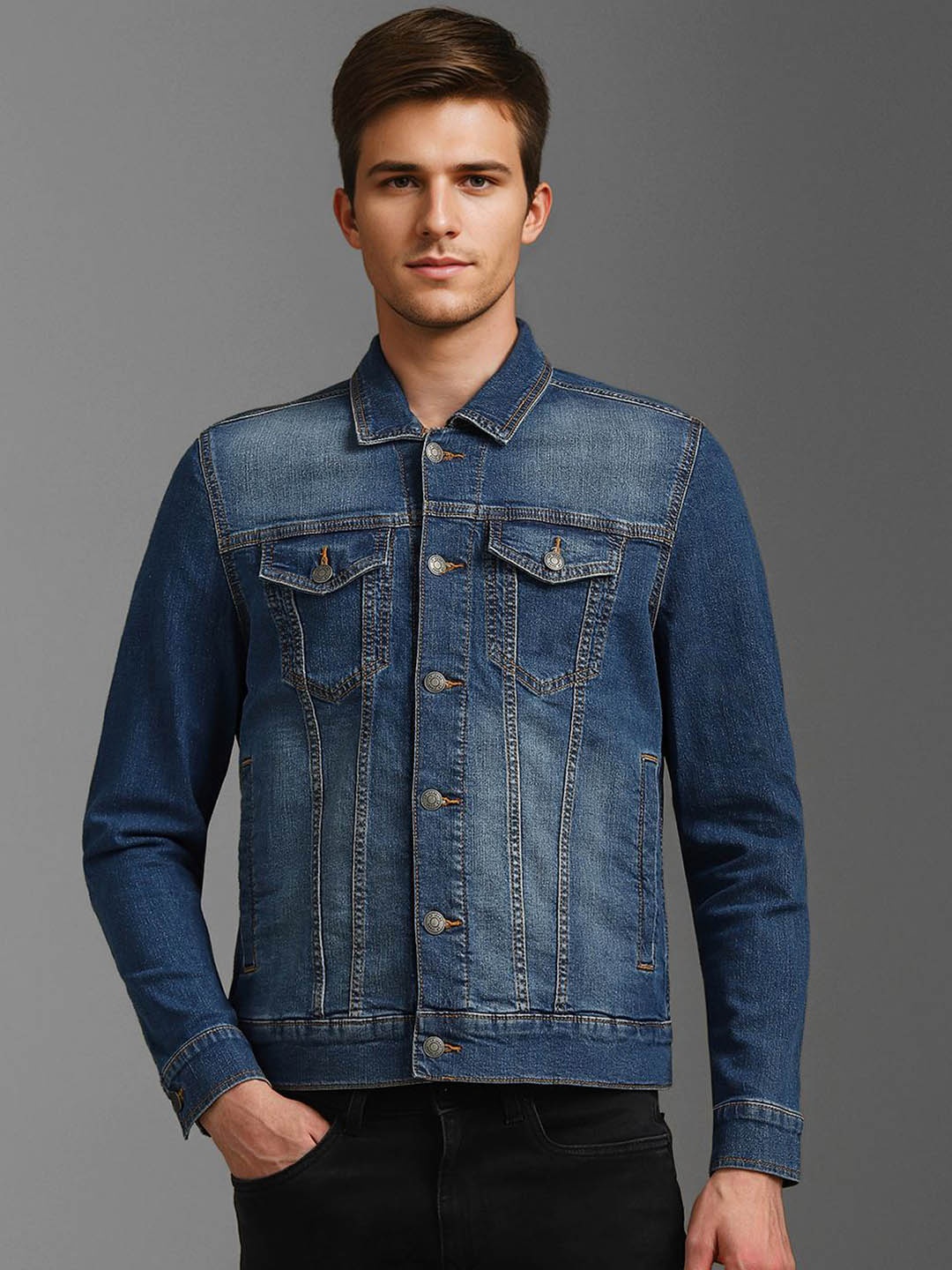 

Louis Philippe Jeans Men Cotton Spread Collar Washed Open Front Jacket, Blue