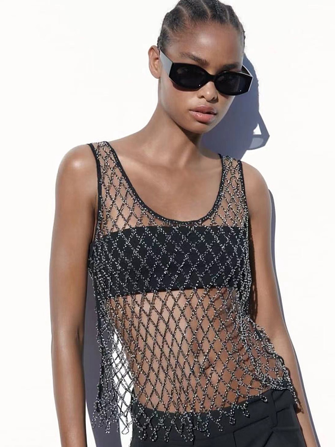 

LULU & SKY Self Design Scoop Neck Top, Black