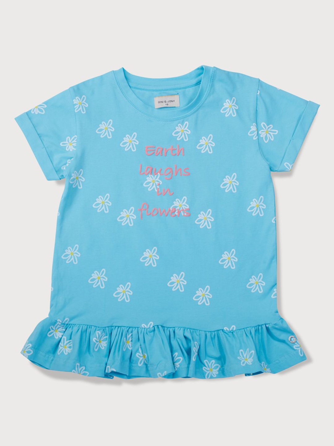 

Gini and Jony Girls Floral Printed Round Neck Cotton Top, Blue