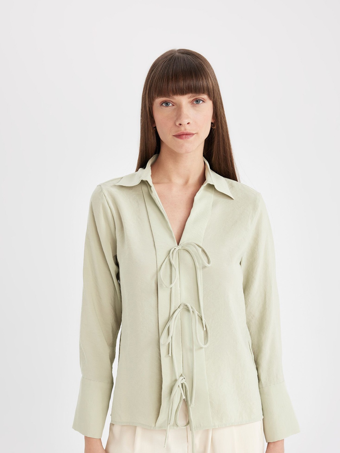 

DeFacto Women Solid Tie-Ups Casual Shirt, Beige