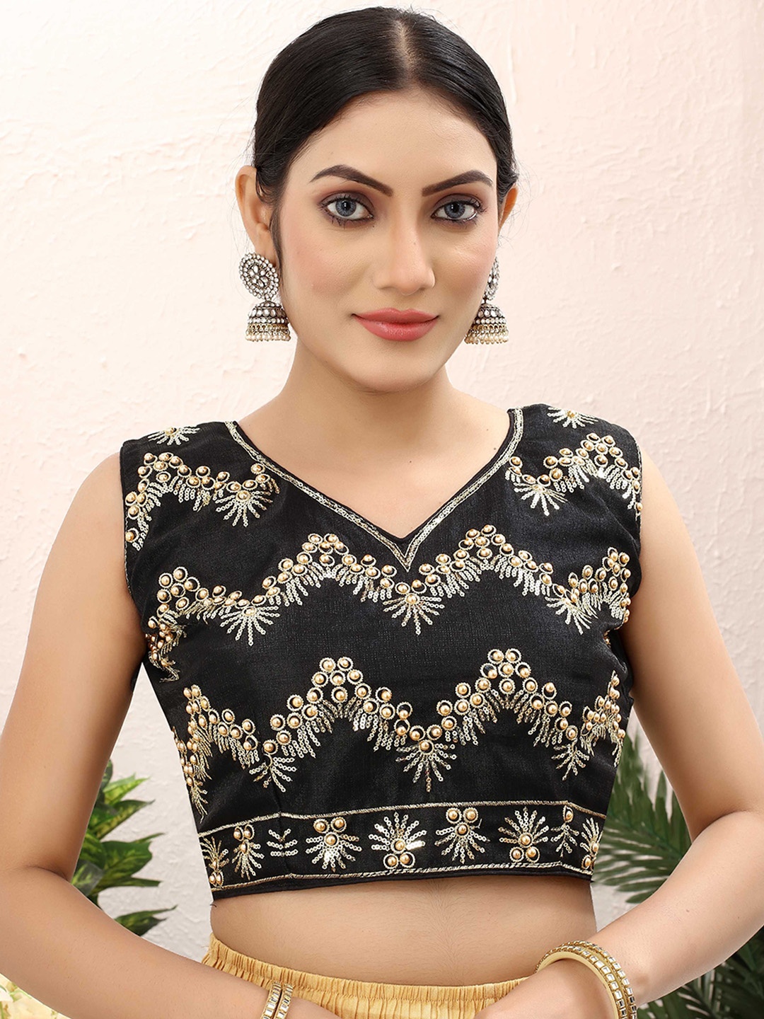

Krimmple Women Embroidered Sleeveless Saree Blouse, Black