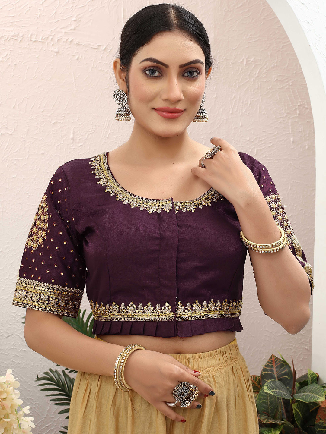 

Krimmple Embroidered Non-Padded Saree Blouse, Purple
