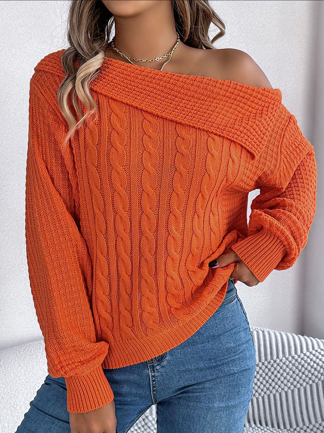 

StyleCast x Revolte Women Cable Knit Self Design Long Sleeves Pullover, Orange