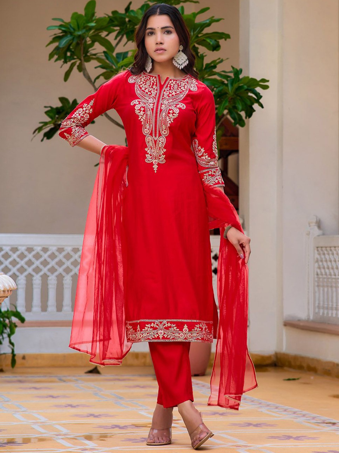 

Berrylicious Paisley Embroidered Sequinned Chanderi Cotton Kurta & Trousers & Dupatta, Red