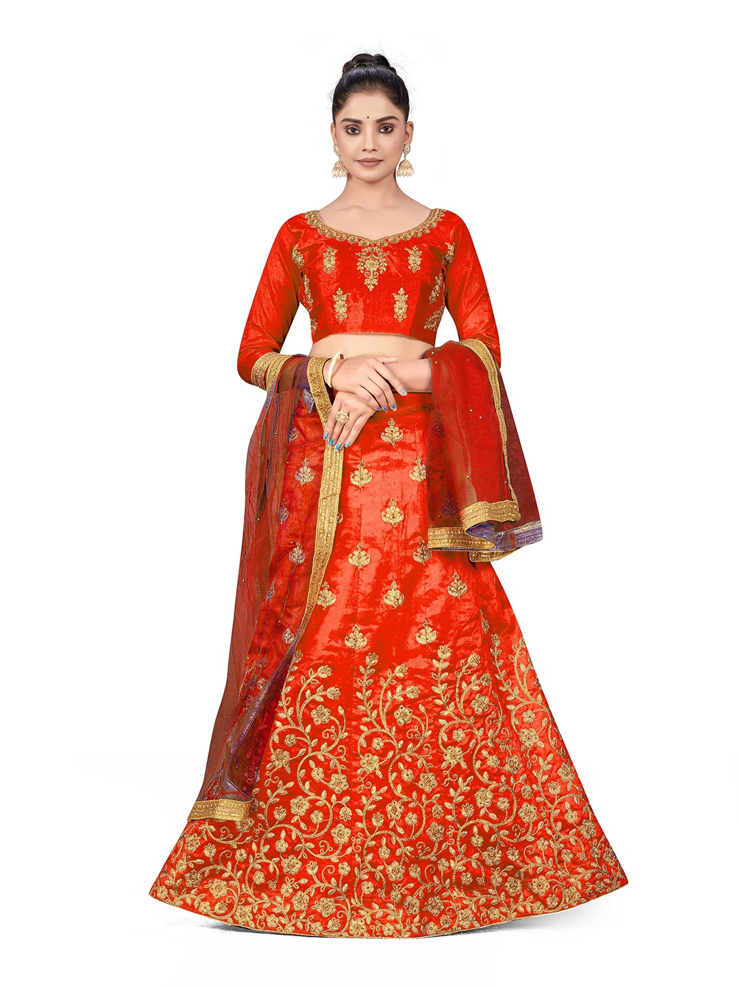 

Maroosh Embellished Thread Work Unstitched Lehenga & Blouse With Dupatta, Rust