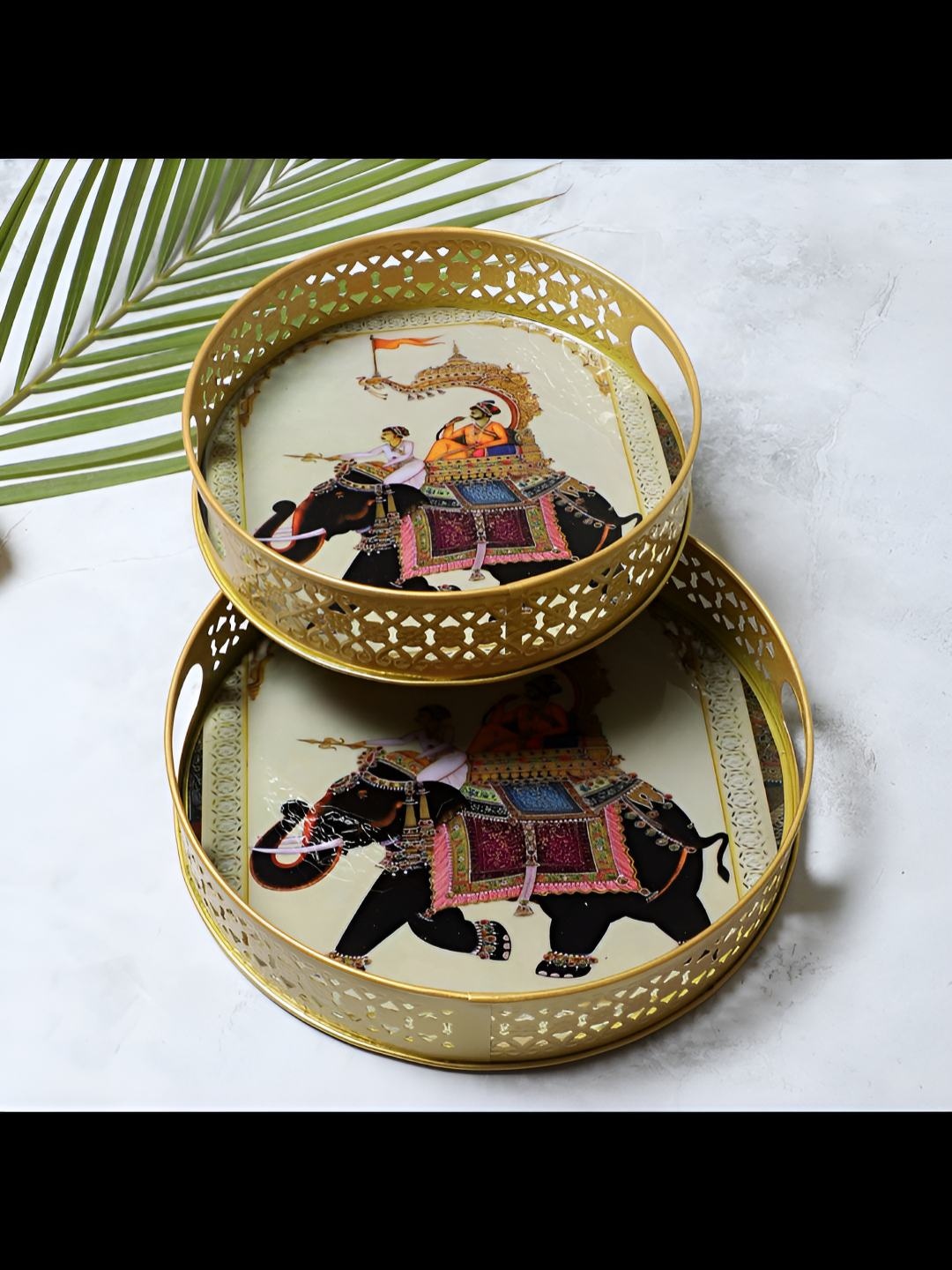 

Amaya Decors Gold-Toned & Brown 2 Pieces Elephant Printed Round Metal Serving Tray