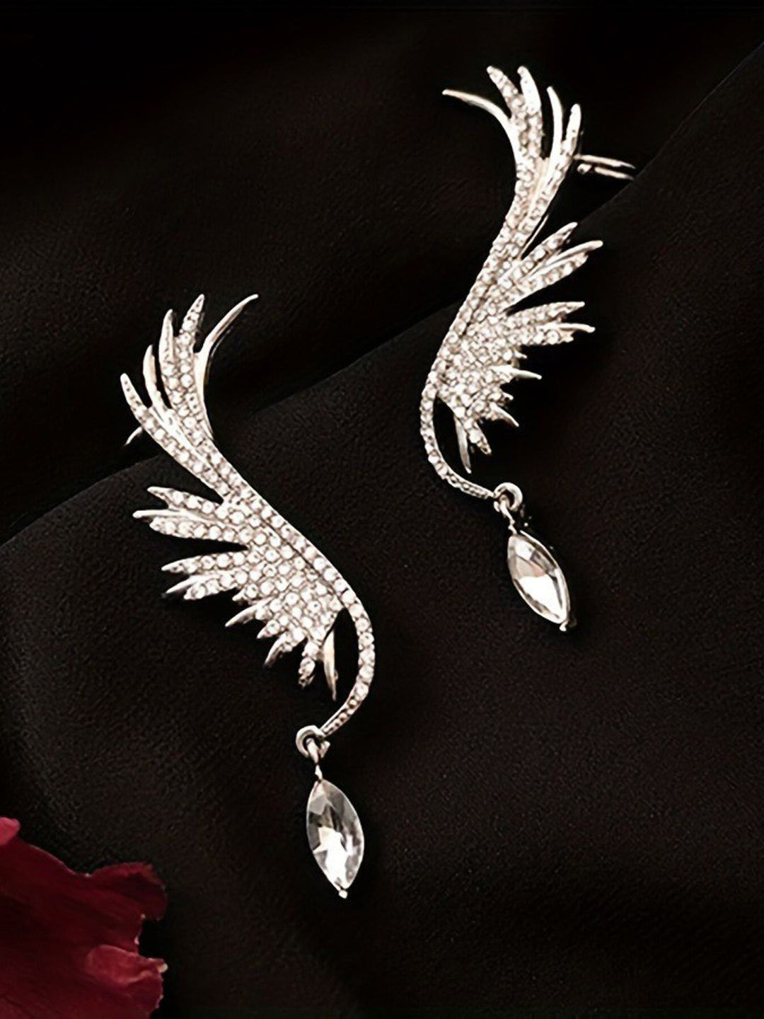 

VAGHBHATT Silver Plated Stainless Steel Rhinestone Studded Classic Ear Cuff Earrings