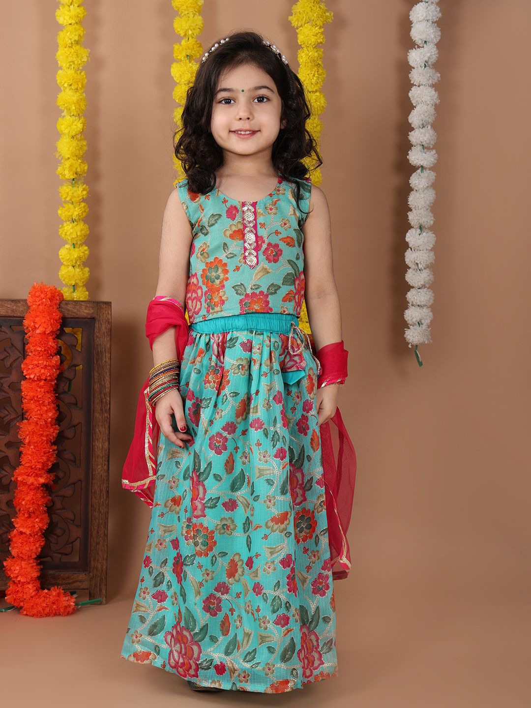 

Here&Now X Kinder Kids Girls Embellished Ready to Wear Lehenga & Blouse With Dupatta, Blue