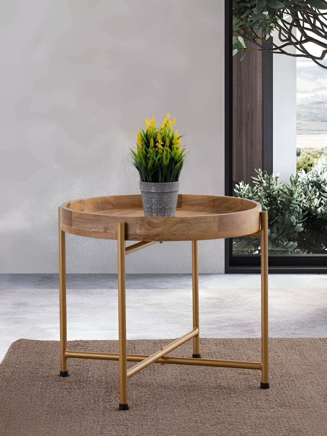 

Metalsmith Brown & Gold-Toned Wooden Round Bedside Table