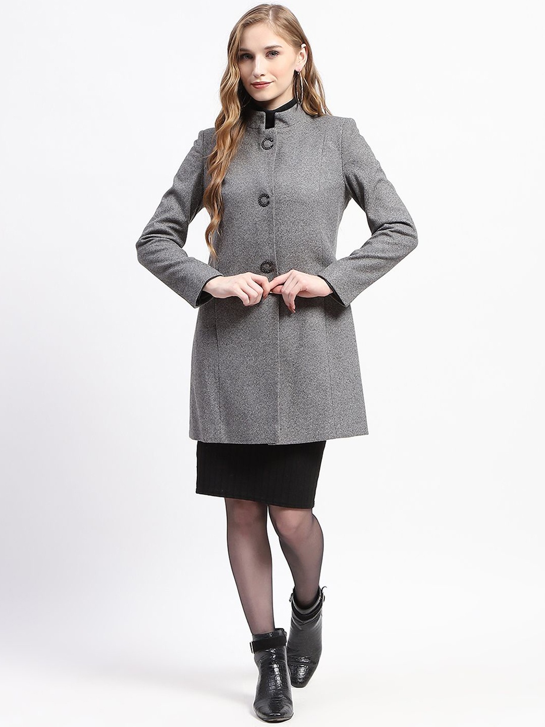 

Madame Women Mock Collar Single-Breasted Overcoats, Grey