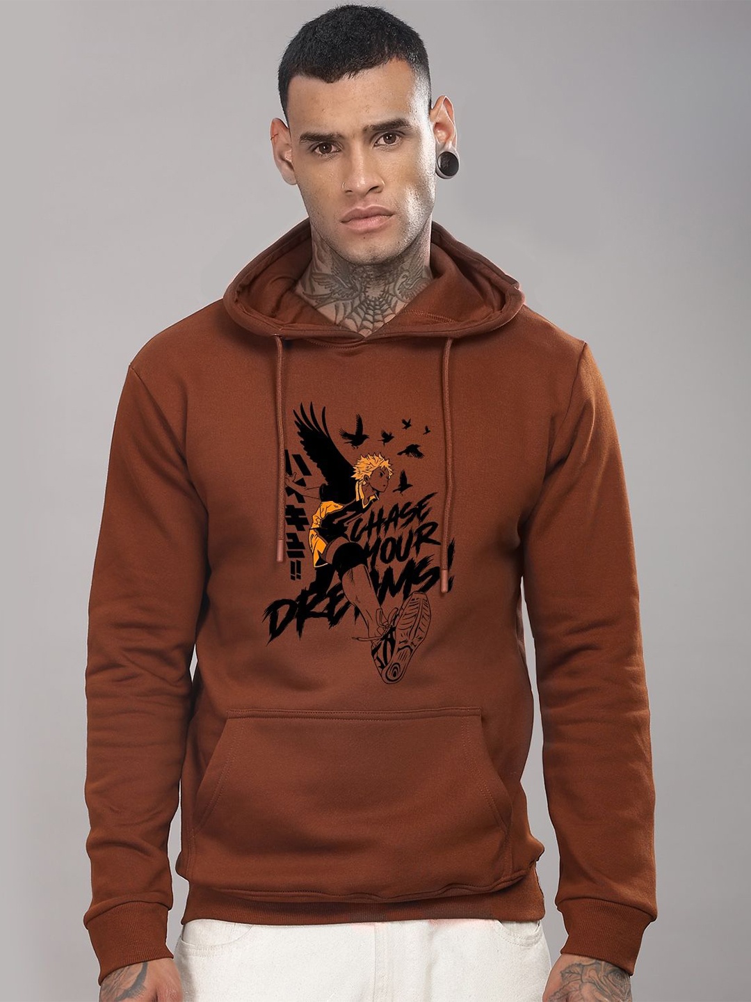 

ADRO Men Printed Hooded Pullover Sweatshirt, Brown