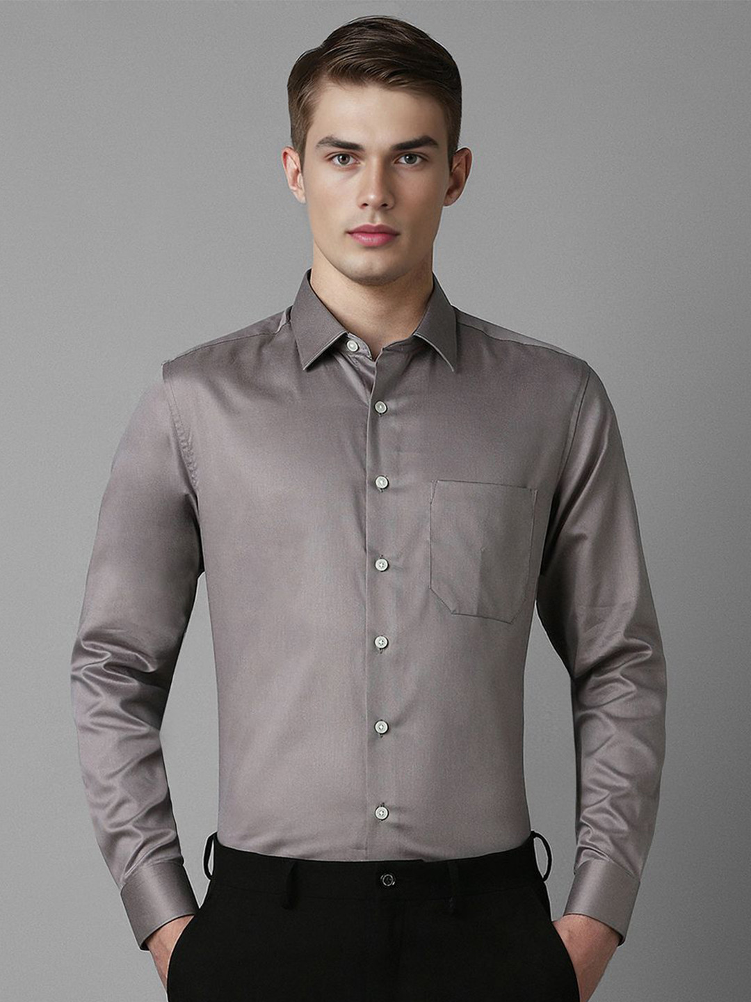 

Louis Philippe Men Spread Collar Solid Cotton Slim Fit Formal Shirt, Grey