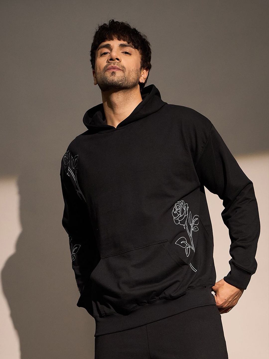 

FUGAZEE Men Cotton Embroidered Hooded Pullover Sweatshirt, Black