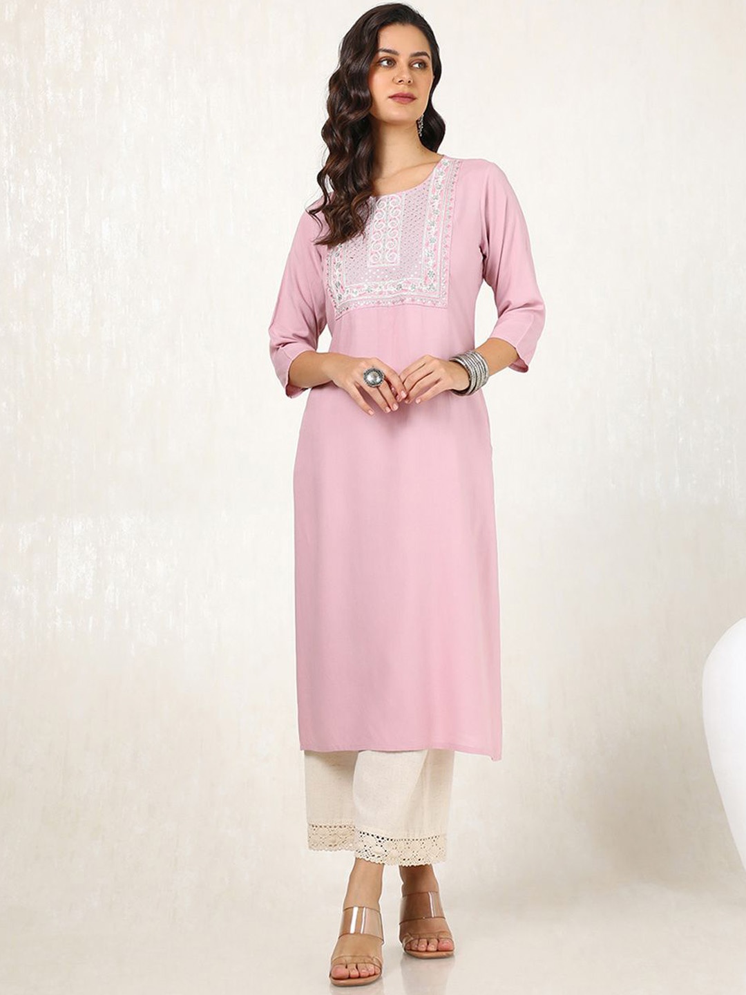 

Soch Pink Floral Yoke Design Round Neck Sequinned Straight Kurta