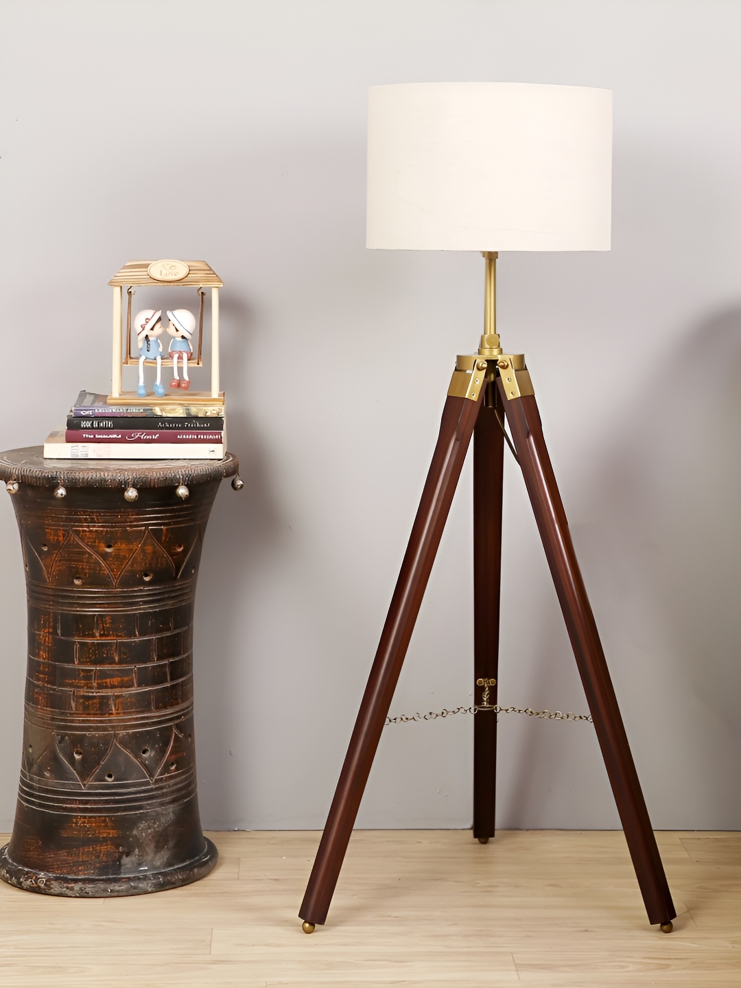 

pristine interiors Beige & Brown Jute Shade Wooden Tripod Floor Lamp